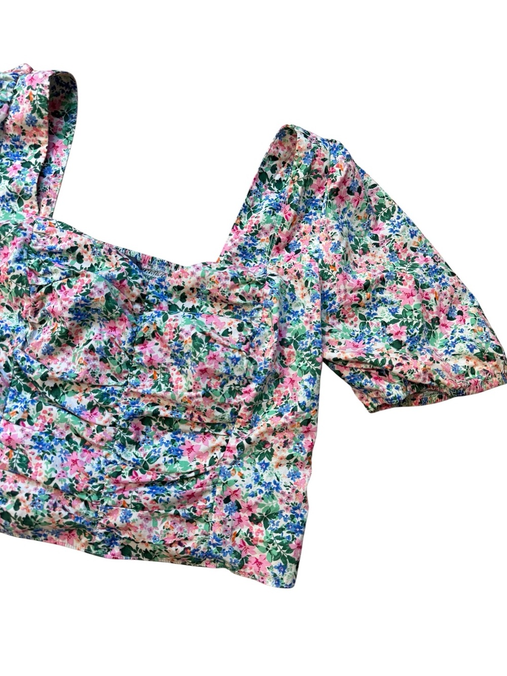 🌸Primark Women’s Pink & Blue Floral Boho Smocked Puff Sleeve Crop Top XL